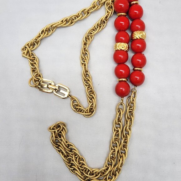 Vintage 1977 Signed Givenchy Goldtone Red Sautoir Necklace